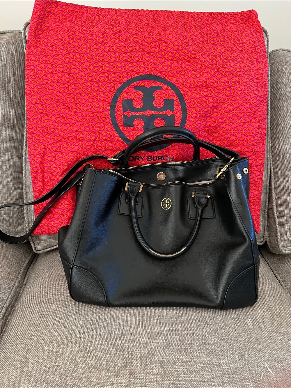 Tory Burch Black Leather Satchel with Gold Hardware